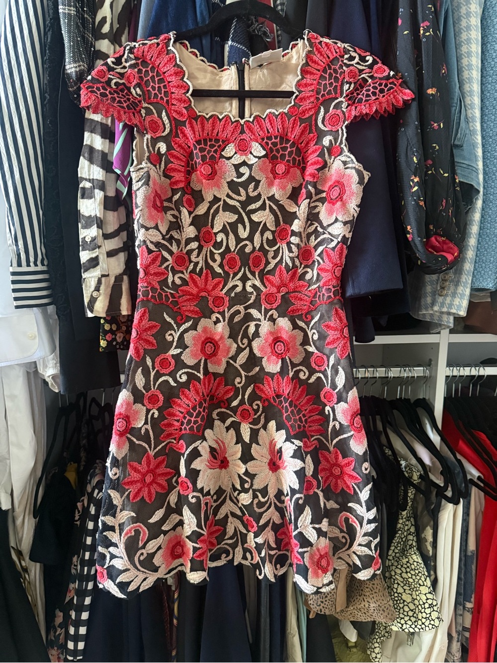Yoana Baraschi Black Mini Dress with Pink and Cream Floral Embroidery - Picture 2 of 5